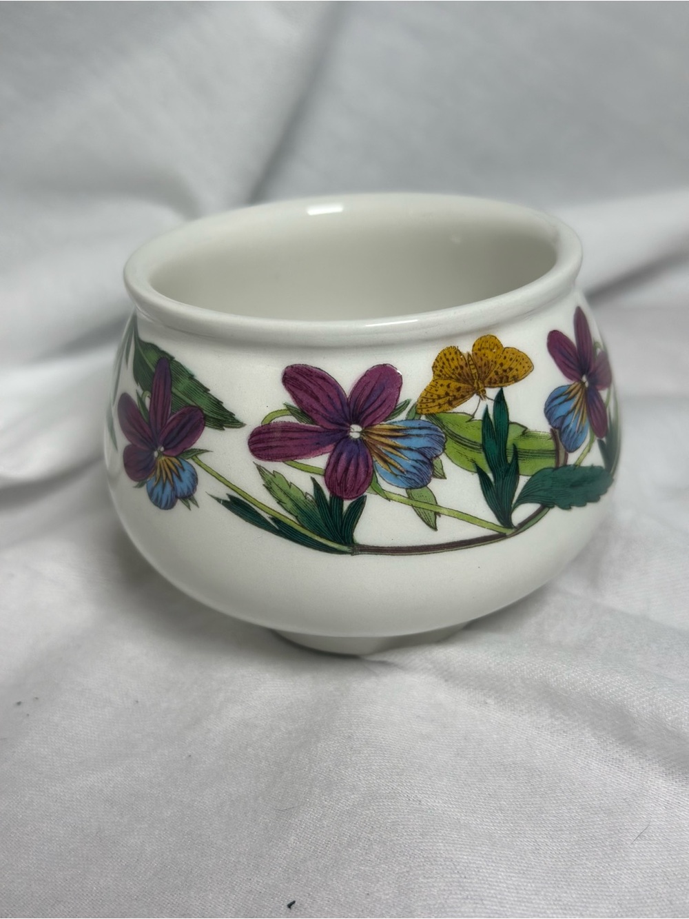1972 White Ceramic Floral Accent Bowl with Purple & Yellow Flowers